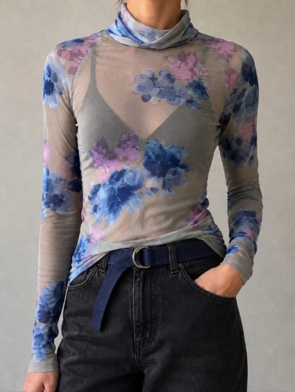 Free People Gray Floral Long Sleeve Mesh Mock Neck Top Size Medium NEW NWT